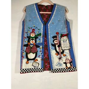 Vintage Handmade Penguin Christmas Vest Womens North Pole Reversible Holiday M/L